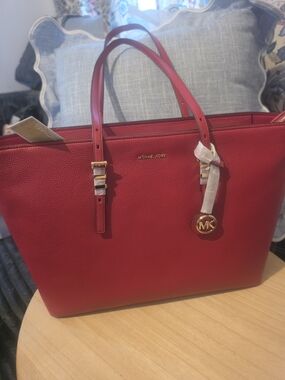 Michael Kors Red Pebbled Leather Tote with Gold Accents